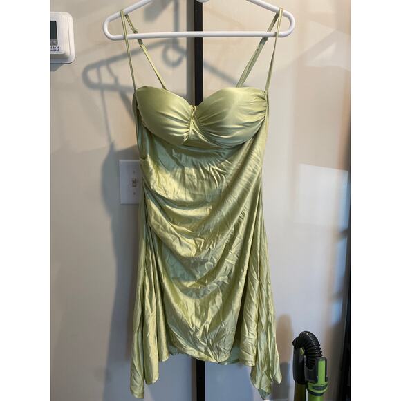 Sleeveless Ruched Night Out Mini Dress Green L Spaghetti Strap Satin - Picture 2 of 8